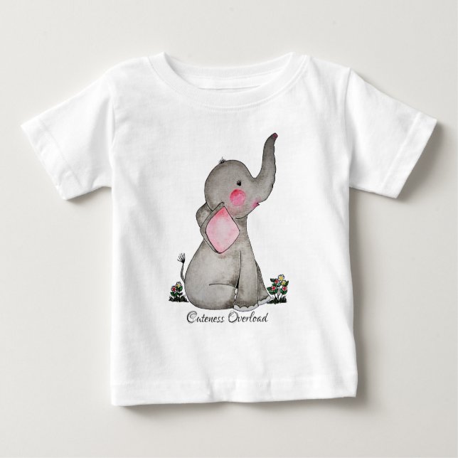 Camiseta Para Bebê Elefante Bebê Fofo Aquarela Com Rubor & Flores (Frente)
