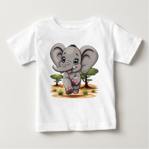 Camiseta Para Bebê Elefante Bebê Pulando Feliz em Savana Africana