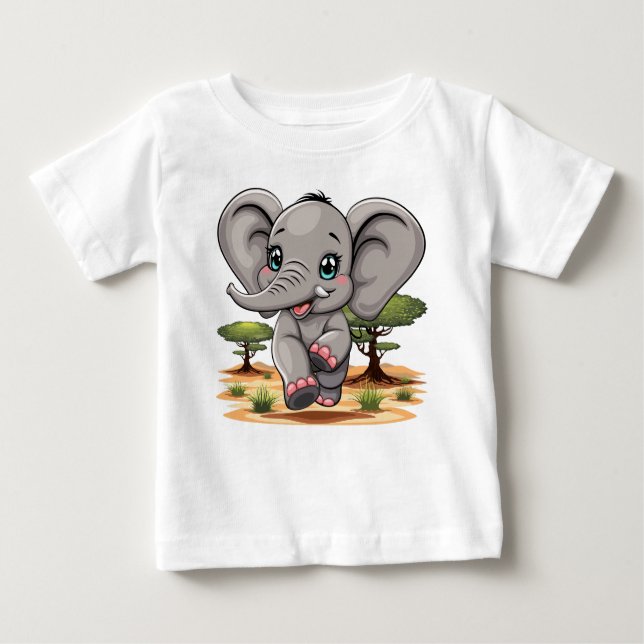Camiseta Para Bebê Elefante Bebê Pulando Feliz em Savana Africana (Frente)