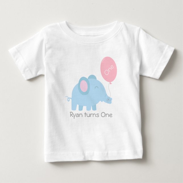 Camiseta Para Bebê Elefante bonito dos azuis bebés com um balão (Frente)