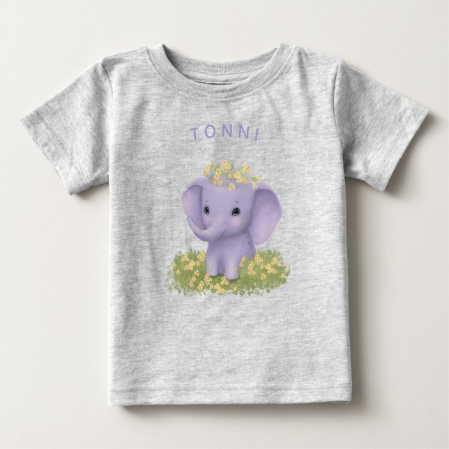 Camiseta Para Bebê elefante bonito e alegre com flores silvestres (Frente)