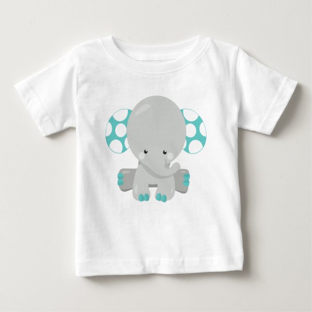 Camiseta Para Bebê Elefante Bonito, Pequeno Elefante - Cinza Azul (Frente)