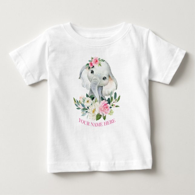 Camiseta Para Bebê Elefante Cinto e primeiro aniversario Floral Rosa  (Frente)