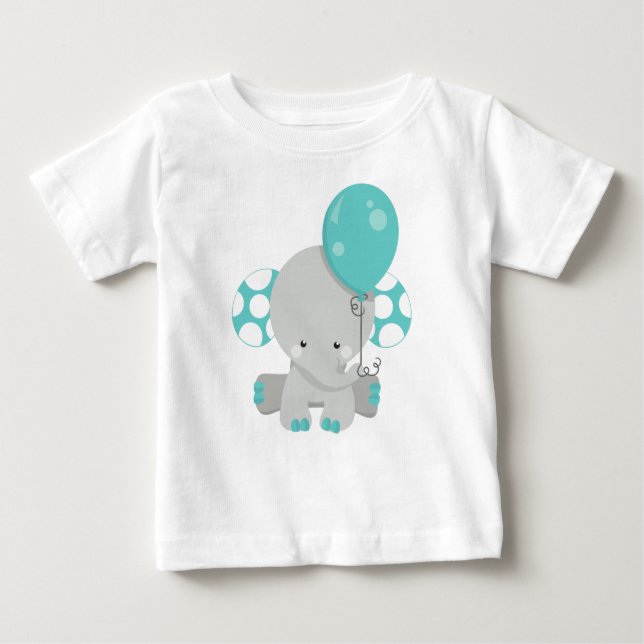 Camiseta Para Bebê Elefante Com Balão, Elefante Bonito - Cinza Azul (Frente)