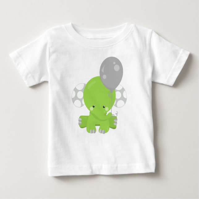 Camiseta Para Bebê Elefante Com Balão, Elefante Verde, Animal Bastant (Frente)