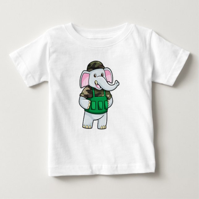 Camiseta Para Bebê Elefante como Soldado com Uniforme e Capacete (Frente)