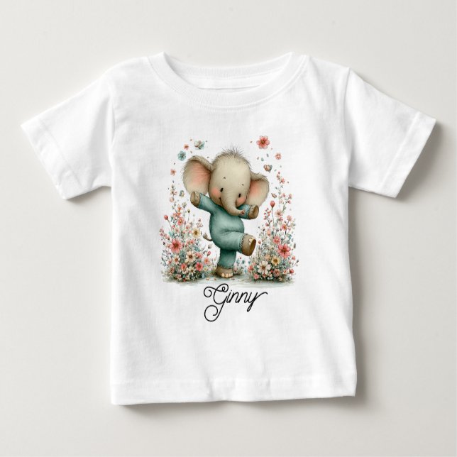 Camiseta Para Bebê Elefante Dançante Fofo em Flores Silvestres (Frente)