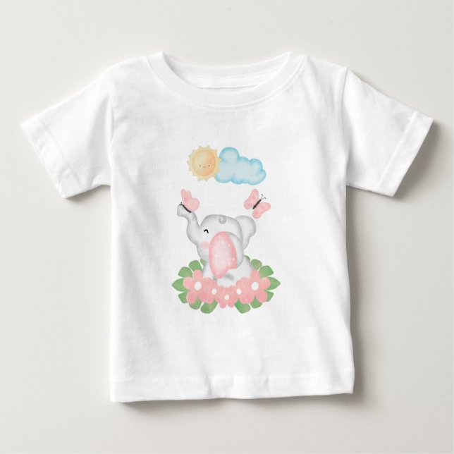 Camiseta Para Bebê Elefante de Bebê Bonito com flores rosa (Frente)