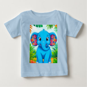 Camiseta Para Bebê Elefante de Desenho Animado Azul Vibrante na Selva
