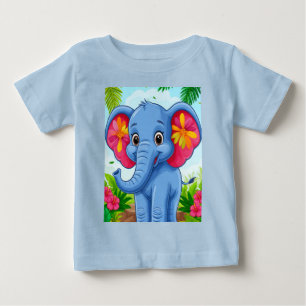 Camiseta Para Bebê Elefante de Desenho Animado Azul Vibrante na Selva
