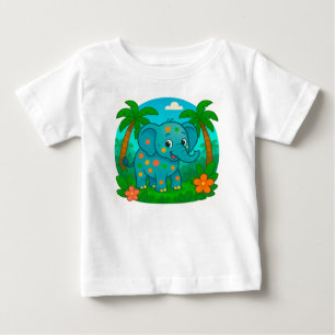 Camiseta Para Bebê Elefante de Desenho Animado Colorido em Paisagem T