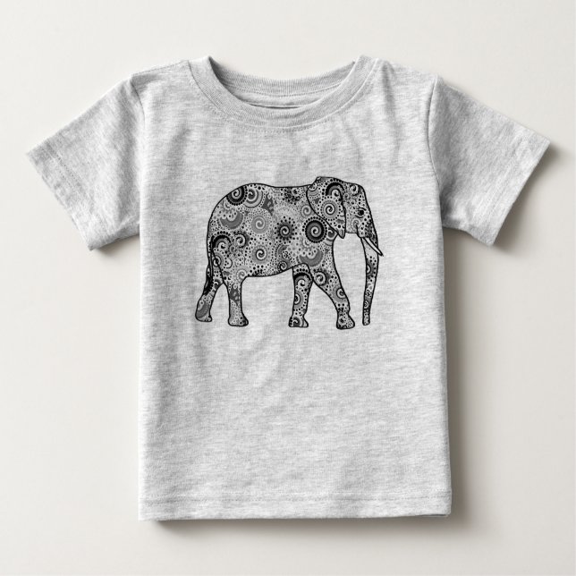 Camiseta Para Bebê Elefante de espiral fractal - cinzas, preto e bran (Frente)