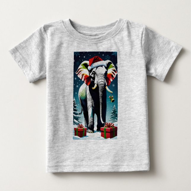 Camiseta Para Bebê Elefante De Natal Engraçado Em Santa Hat (Frente)