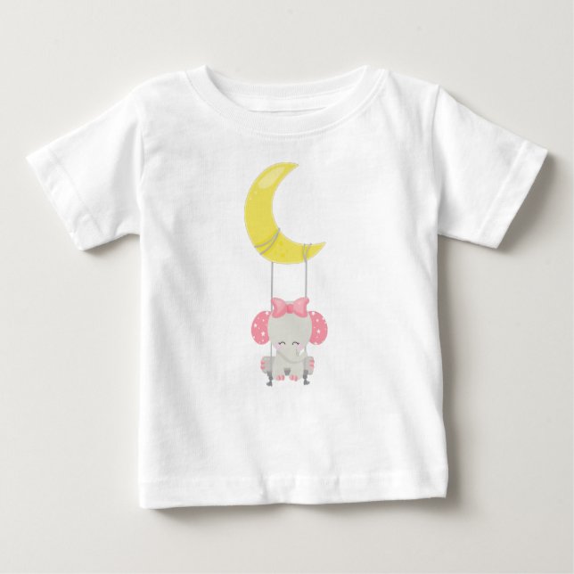 Camiseta Para Bebê Elefante Em Um Swing, Elefante Bonito, Coroa, Lua (Frente)