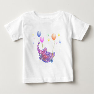 Camiseta Para Bebê Elefante Frio Cortado Voando com Balões Coloridos