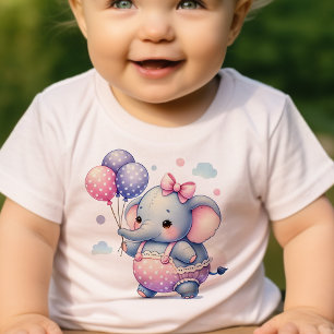 Camiseta Para Bebê Elefante Pequeno Fofo Segurando Balões de Aniversá