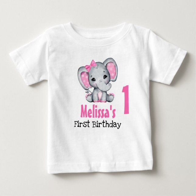 Camiseta Para Bebê Elefante Rosa Fofa de Bebê Primeiro Aniversário (Frente)