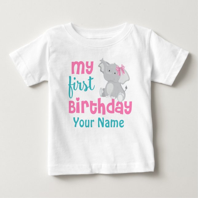 Camiseta Para Bebê Elefante Rosa-primeiro aniversario Personalizado (Frente)