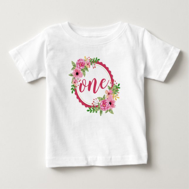 Camiseta Para Bebê Elegante Primeiro Aniversário Floral Wreath | Romp (Frente)