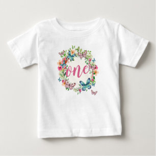 Camiseta Para Bebê Elegante Primeiro Aniversário Floral Wreath   Rutl