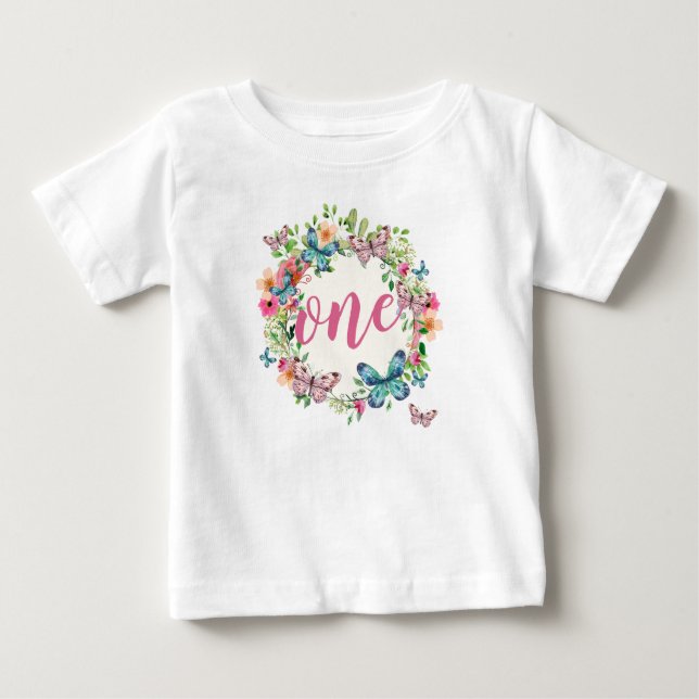 Camiseta Para Bebê Elegante Primeiro Aniversário Floral Wreath | Rutl (Frente)