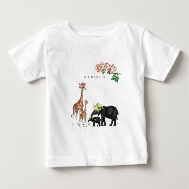Camiseta Para Bebê Elephant & Giraffe Floral Custom Baby Name (Frente)