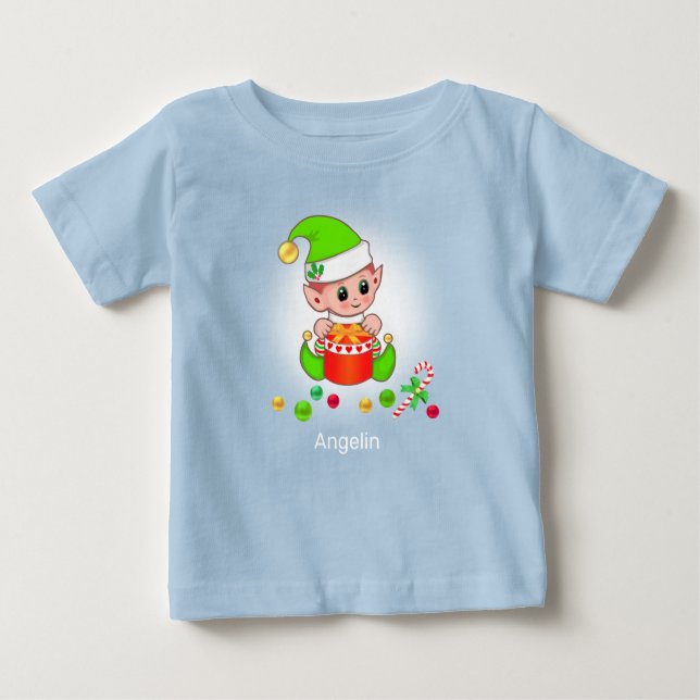 Camiseta Para Bebê Elf e Confetti, Bebê de Natal bonito (Frente)