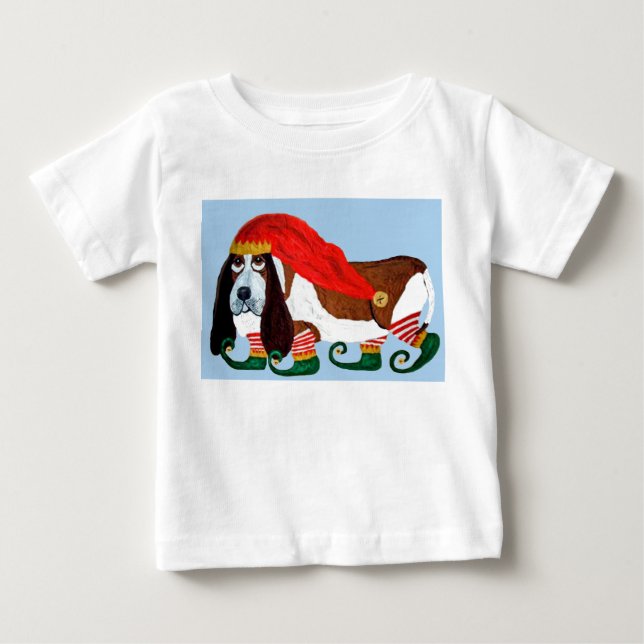 Camiseta Para Bebê Elfo Basset Hound de Natal (Frente)