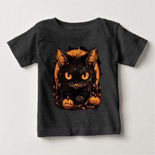 Camiseta Para Bebê Encantador Halloween: Gato Preto Entre Abóboras