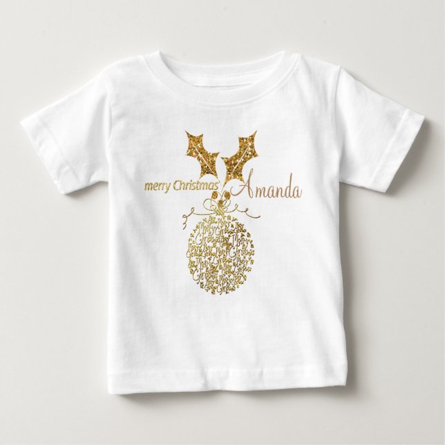 Camiseta Para Bebê Enfeite de Natal Bola e Azevinho Dourado (Frente)