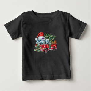 Camiseta Para Bebê Engraçado caminhão de bombeiro Santa Hat Luzes de 