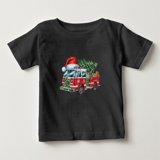 Camiseta Para Bebê Engraçado caminhão de bombeiro Santa Hat Luzes de  (Frente)