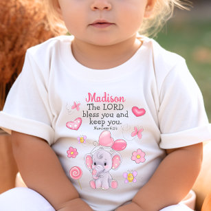 Camiseta Para Bebê Escritura Cristã de Benção Escritura Elefante Rosa