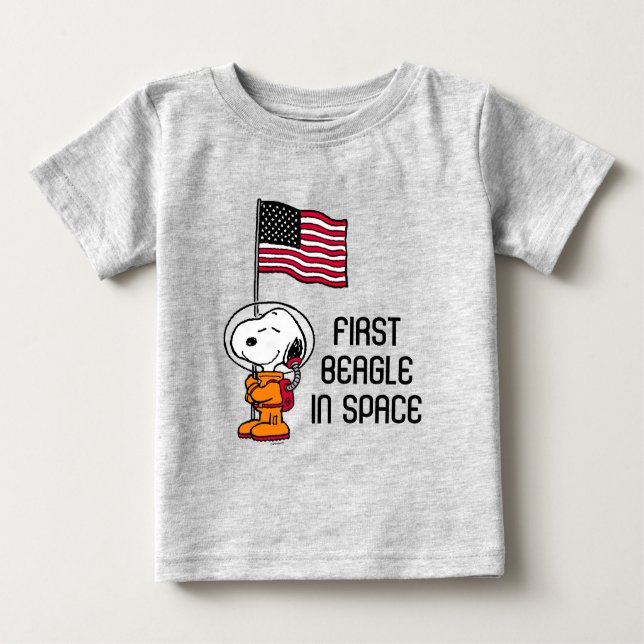 Camiseta Para Bebê ESPAÇO | Snoopy Com Astronauta De Bandeira (Frente)