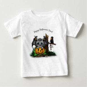 Camiseta Para Bebê Esperando o Halloween, Cute Bat e Raven