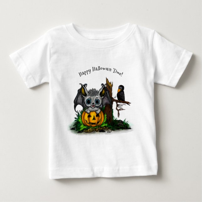 Camiseta Para Bebê Esperando o Halloween, Cute Bat e Raven (Frente)