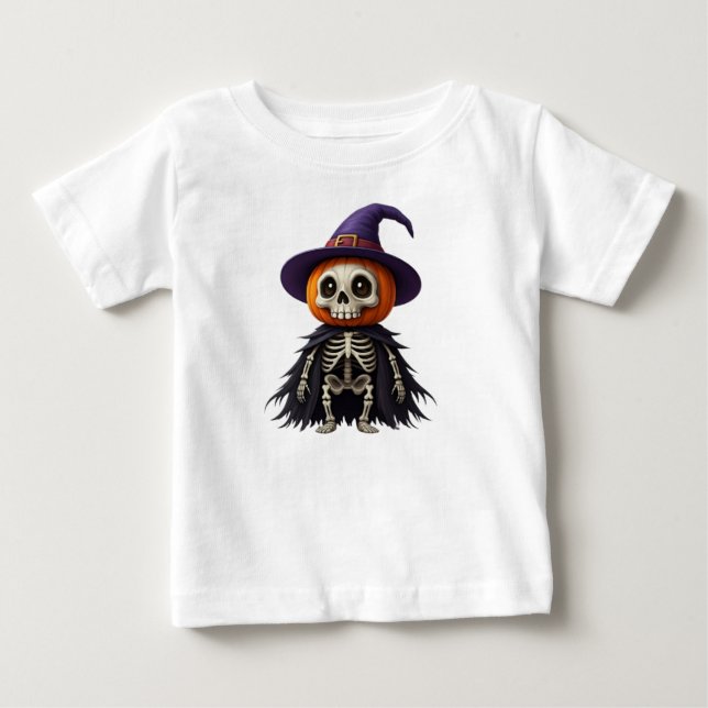 Camiseta Para Bebê Esqueleto com Cabeça de Abóbora de Bruxa (Frente)