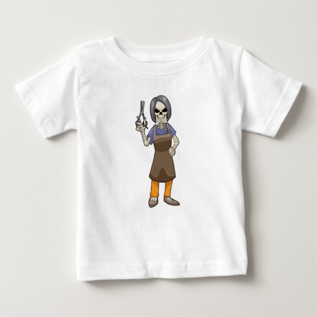 Camiseta Para Bebê Esqueleto como cabeleireiro com tesoura (Frente)