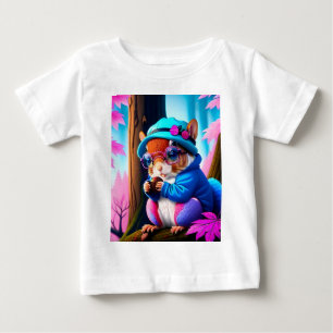 Camiseta Para Bebê Esquilo Azul Comendo Uma Fruta