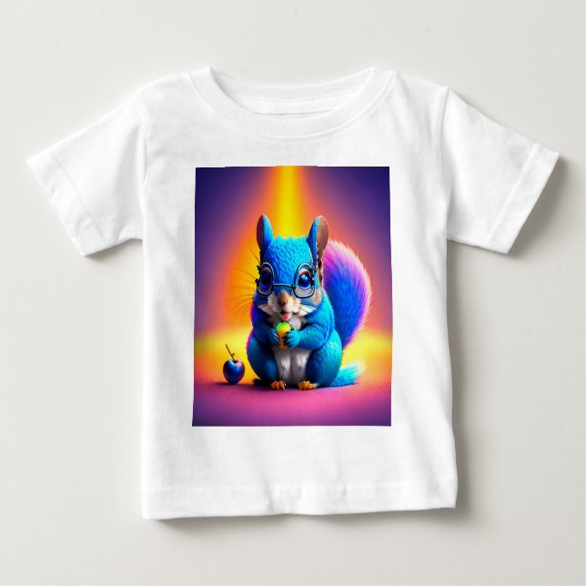 Camiseta Para Bebê Esquilo Azul Comendo Uma Fruta (Frente)