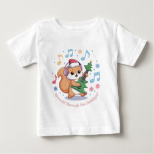 Camiseta Para Bebê Esquilo Festivo tocando guitarra cercada de neve