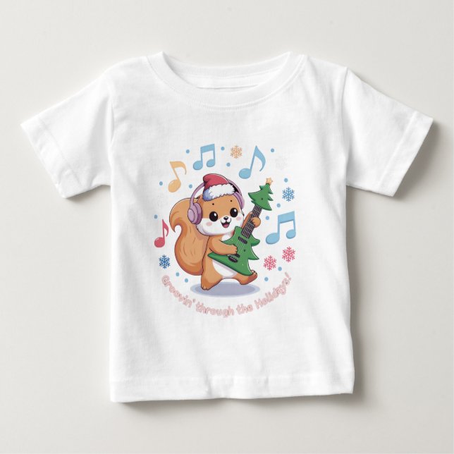 Camiseta Para Bebê Esquilo Festivo tocando guitarra cercada de neve (Frente)