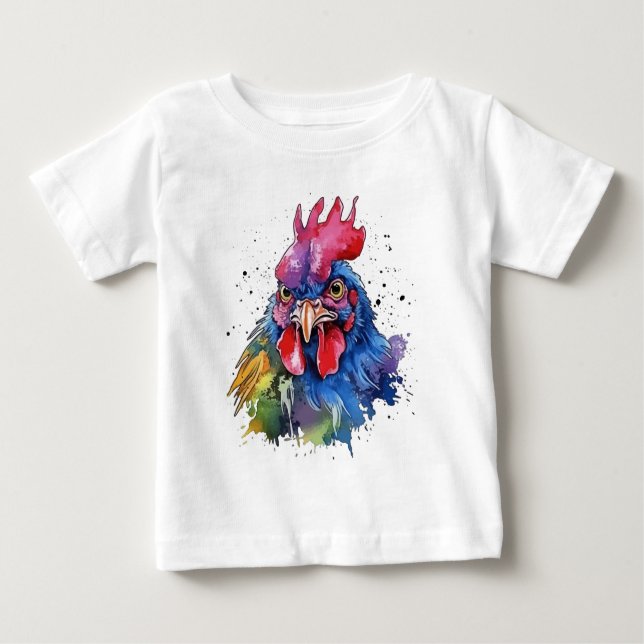 Camiseta Para Bebê Estilo de Aquarela de Galinha do País Rooster (Frente)