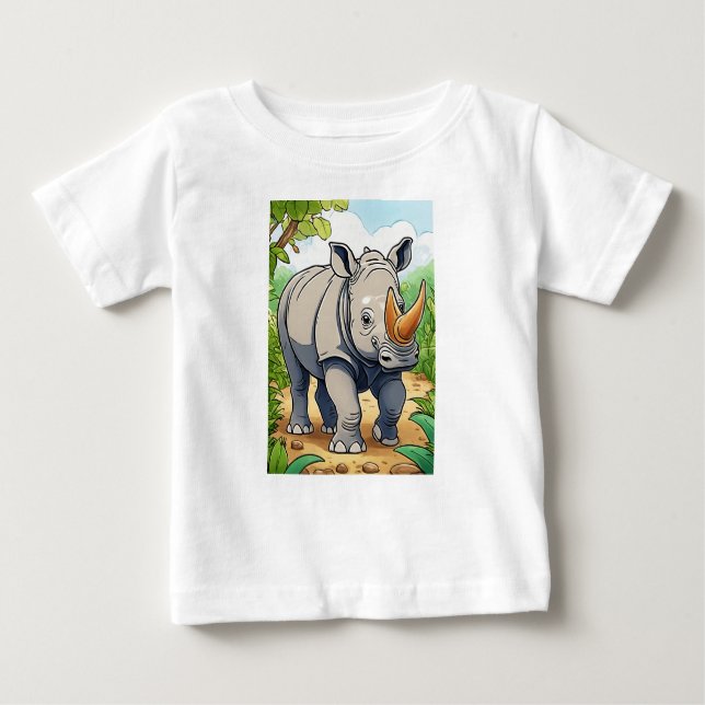 Camiseta Para Bebê Estilo de Cartoon-Sticker Rinoceronte (Frente)