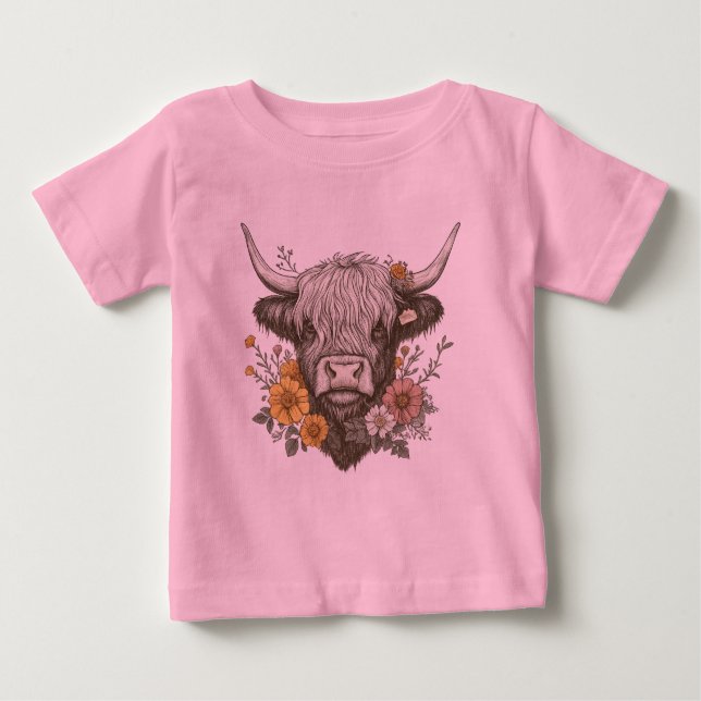 Camiseta Para Bebê Estilo de fazenda - Gráfico de Vaca Highland (Frente)