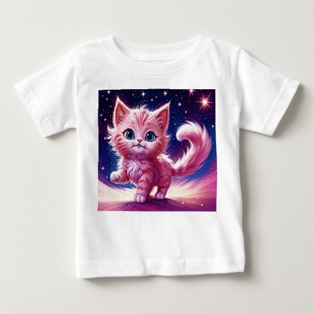 Camiseta Para Bebê Estilo moderno do felino rosa de animais cósmicos (Frente)