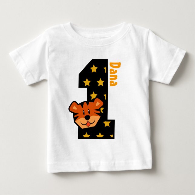 Camiseta Para Bebê Estrelas primeiros aniversarios e Tigre com um ano (Frente)