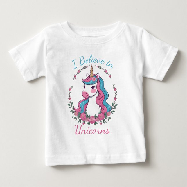 Camiseta Para Bebê Eu acredito em Unicórnios (Frente)