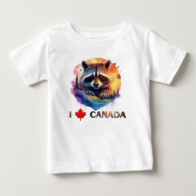 Camiseta Para Bebê Eu amo o Canadá, guaxinim. (Frente)