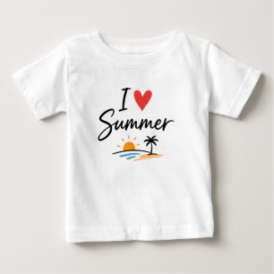 Camiseta Para Bebê Eu Amo o Verão com Letreiro Manual e Praia ao Pôr 